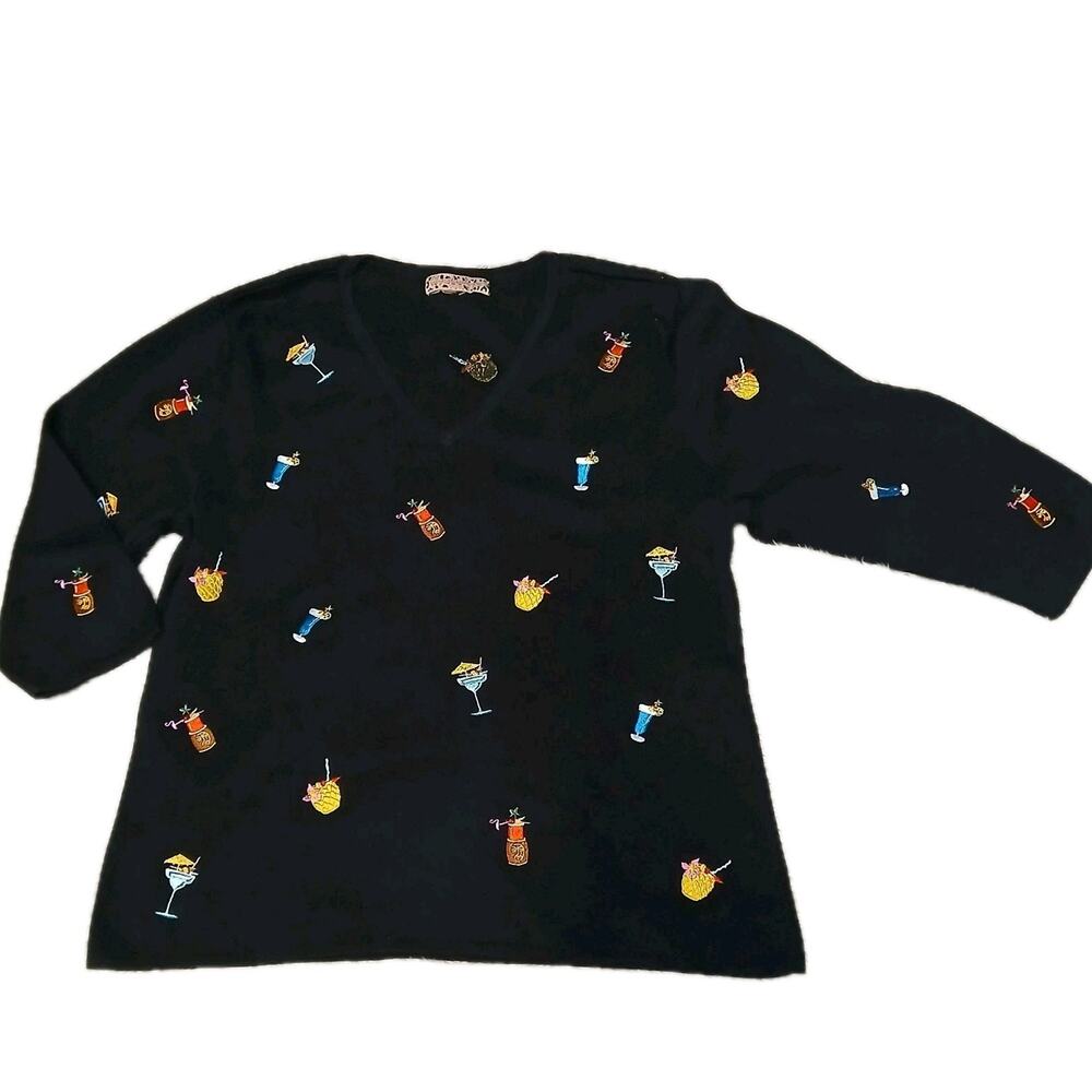 Lily‎ Stanhope Woman Black Top L Novelty Cocktail Drink Embroidered 3/4 Sleeve